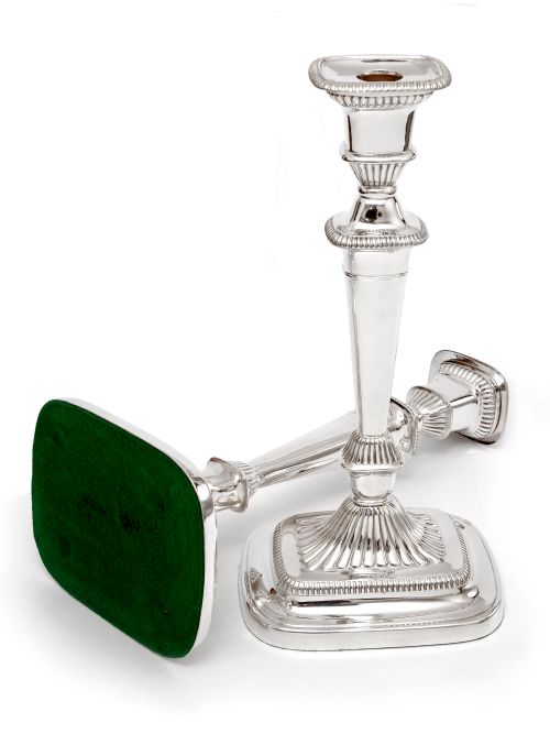 GEORGIAN STYLE CANDLE STICKS WITH PLAIN COLUMNS AND SWEPT FLUTED RECTANGULAR BASES - ADDITIONAL PHOTO 2