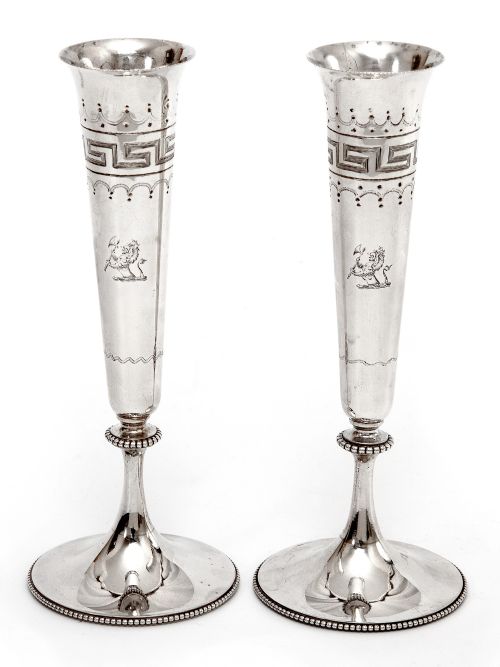 pair of victorian silver flower vases with greek key engraved slender tapering bodies - CATEGORY: ANTIQUE SILVER - DATED 1860
