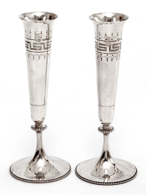 PAIR OF VICTORIAN SILVER FLOWER VASES WITH GREEK KEY ENGRAVED SLENDER TAPERING BODIES - ADDITIONAL PHOTO 1