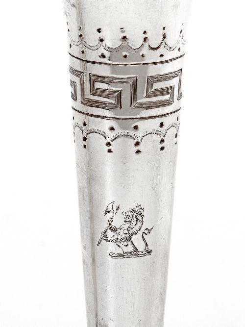 PAIR OF VICTORIAN SILVER FLOWER VASES WITH GREEK KEY ENGRAVED SLENDER TAPERING BODIES - ADDITIONAL PHOTO 2