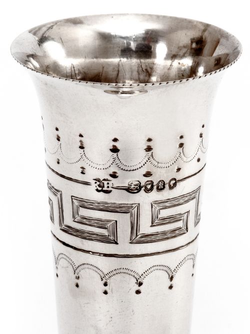PAIR OF VICTORIAN SILVER FLOWER VASES WITH GREEK KEY ENGRAVED SLENDER TAPERING BODIES - ADDITIONAL PHOTO 3