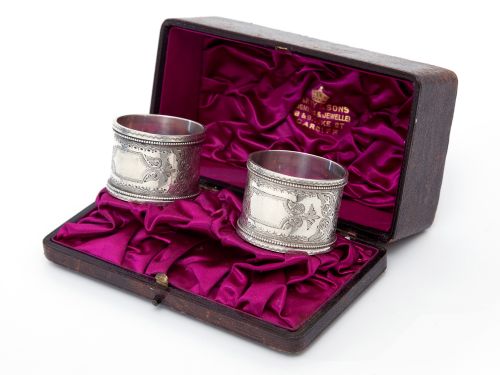 pair of boxed antique victorian silver napkin rings - CATEGORY: ANTIQUE SILVER - DATED 1890