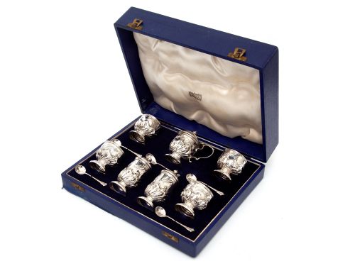 edwardian boxed set of seven silver condiments retailed by harrods - CATEGORY: ANTIQUE SILVER - DATED 1900