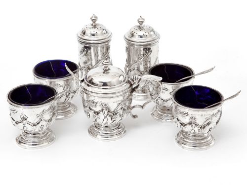 EDWARDIAN BOXED SET OF SEVEN SILVER CONDIMENTS RETAILED BY HARRODS - ADDITIONAL PHOTO 1