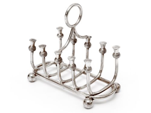 late victorian novelty silver plated toast rack with thistle decoration - CATEGORY: ANTIQUE SILVER - DATED 1900