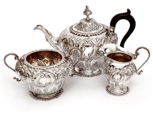 late victorian three piece silver tea set chased with flowers and scrolls - CATEGORY: ANTIQUE SILVER - DATED 1890