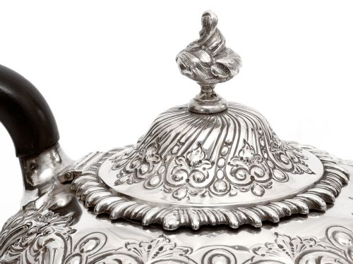 LATE VICTORIAN THREE PIECE SILVER TEA SET CHASED WITH FLOWERS AND SCROLLS - ADDITIONAL PHOTO 6