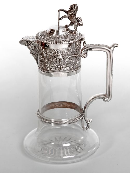 victorian elkington co silver plated and cut glass claret jug with bacchus mask spout - CATEGORY: ANTIQUE SILVER - DATED 1880