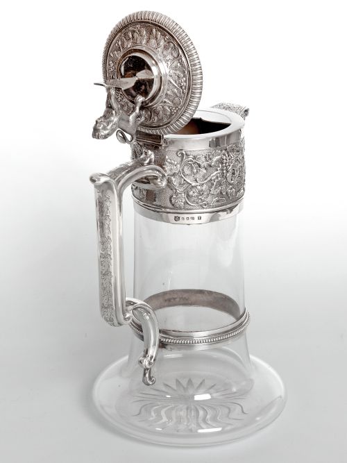 VICTORIAN ELKINGTON CO SILVER PLATED AND CUT GLASS CLARET JUG WITH BACCHUS MASK SPOUT - ADDITIONAL PHOTO 2