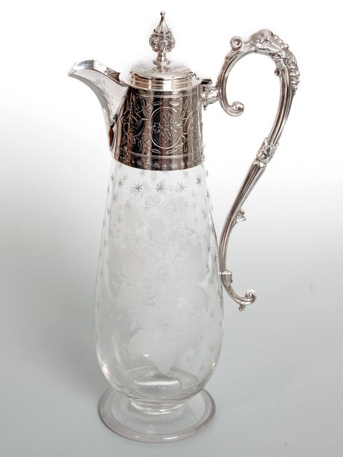 victorian engraved glass silver plated claret jug with floral engraving and grape and vine handle - CATEGORY: ANTIQUE SILVER - DATED 1880