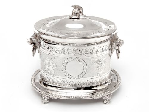 victorian silver plated biscuit box with a roman helmet finial and roman warrior frieze - CATEGORY: ANTIQUE SILVER - DATED 1880