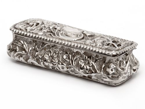 small antique silver trinket or jewellery box with repousse floral and scroll decoration - CATEGORY: ANTIQUE SILVER - DATED 1910