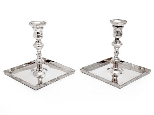 pair of thomas bradbury silver plated candle sticks with square dish shaped bases - CATEGORY: ANTIQUE SILVER - DATED 1870