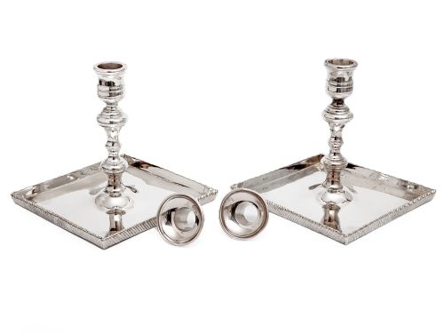 PAIR OF THOMAS BRADBURY SILVER PLATED CANDLE STICKS WITH SQUARE DISH SHAPED BASES - ADDITIONAL PHOTO 2
