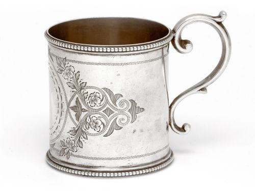 victorian silver christening mug engraved with floral scenes - CATEGORY: ANTIQUE SILVER - DATED 1880