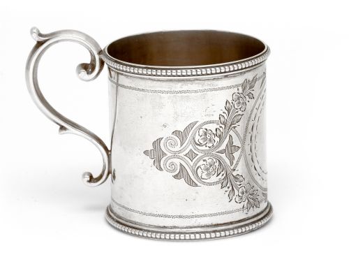 VICTORIAN SILVER CHRISTENING MUG ENGRAVED WITH FLORAL SCENES - ADDITIONAL PHOTO 1