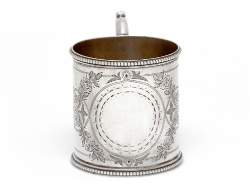 VICTORIAN SILVER CHRISTENING MUG ENGRAVED WITH FLORAL SCENES - ADDITIONAL PHOTO 2