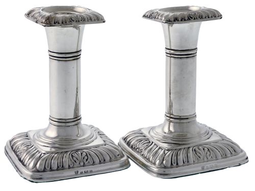 pair of antique plain column silver candlesticks - CATEGORY: ANTIQUE SILVER - DATED 1900
