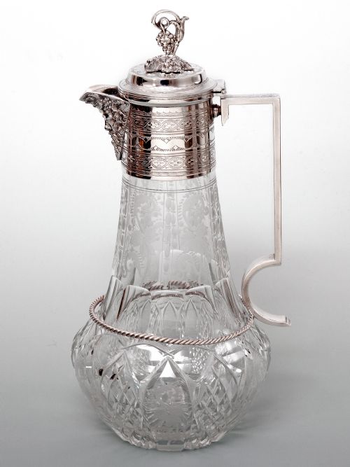 victorian silver plated cut glass claret jug with bacchus spout - CATEGORY: ANTIQUE SILVER - DATED 1890