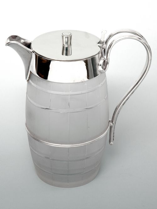 barrel shaped silver plated and cut glass water or beer jug - CATEGORY: ANTIQUE SILVER - DATED 1890