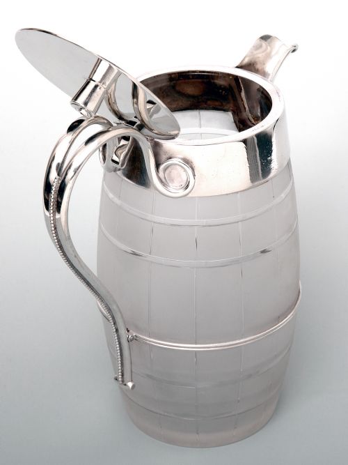 BARREL SHAPED SILVER PLATED AND CUT GLASS WATER OR BEER JUG - ADDITIONAL PHOTO 1