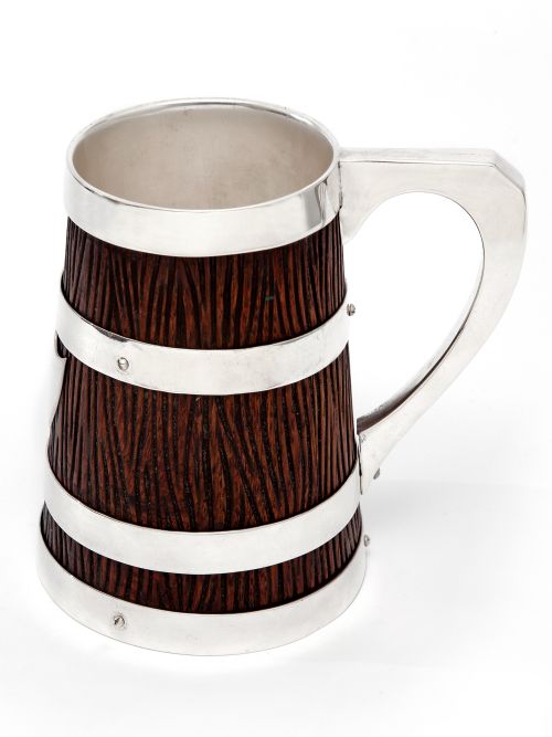victorian oak and silver plated mug with a tapering rustic carved body - CATEGORY: ANTIQUE SILVER - DATED 1900