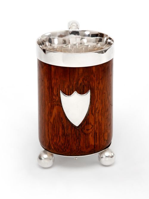 ANTIQUE JOHN GRINSELL SON OAK AND SILVER PLATE HALF PINT TANKARD - ADDITIONAL PHOTO 1