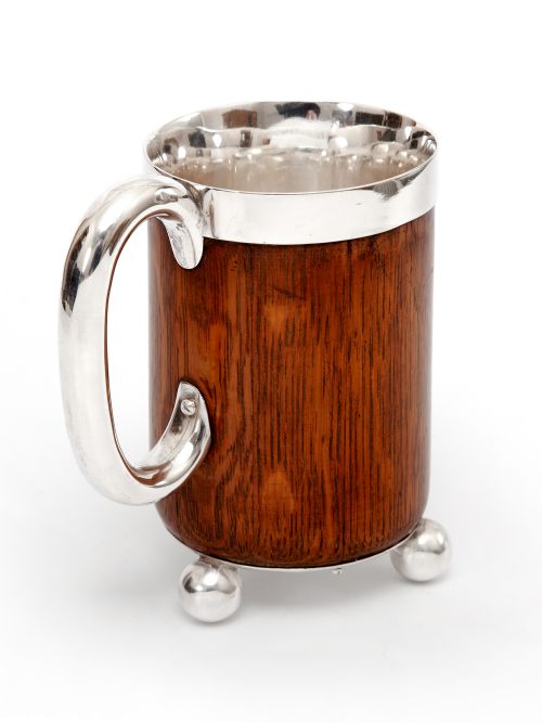 ANTIQUE JOHN GRINSELL SON OAK AND SILVER PLATE HALF PINT TANKARD - ADDITIONAL PHOTO 2