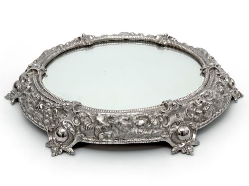 cast victorian circular mirror plateau cake stand with a rocky simulated border - CATEGORY: ANTIQUE MISCELLANEOUS - DATED 1870