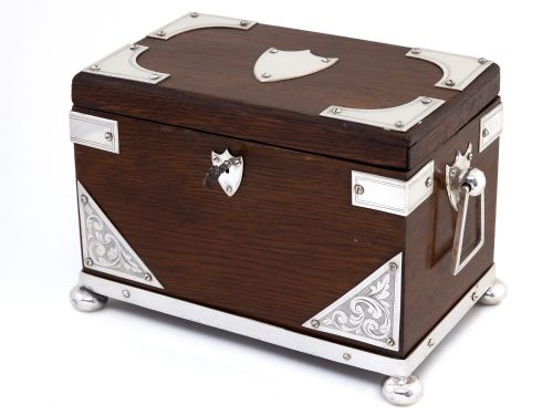 late victorian oak and silver plate rectangular two compartment tea caddy - CATEGORY: ANTIQUE BOXES - DATED 1880