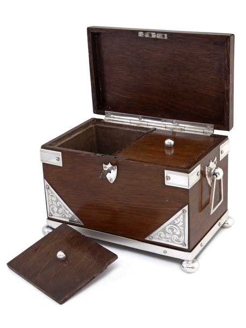 LATE VICTORIAN OAK AND SILVER PLATE RECTANGULAR TWO COMPARTMENT TEA CADDY - ADDITIONAL PHOTO 2