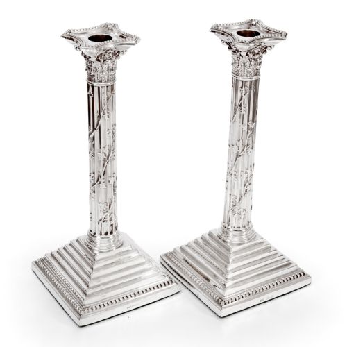 PAIR OF VICTORIAN SILVER CORINTHIAN COLUMN 12 CANDLE STICKS - ADDITIONAL PHOTO 1