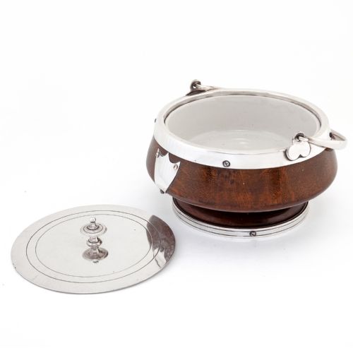 VICTORIAN OAK SILVER PLATED BUTTER DISH WITH CHINA LINER - ADDITIONAL PHOTO 1