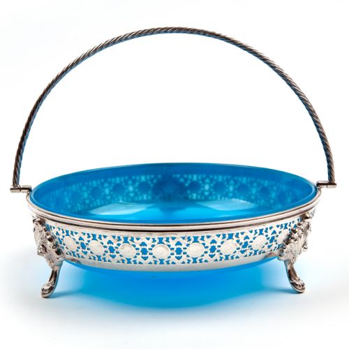 large victorian circular blue opeline glass lined silver plated basket - CATEGORY: ANTIQUE SILVER - DATED 1880