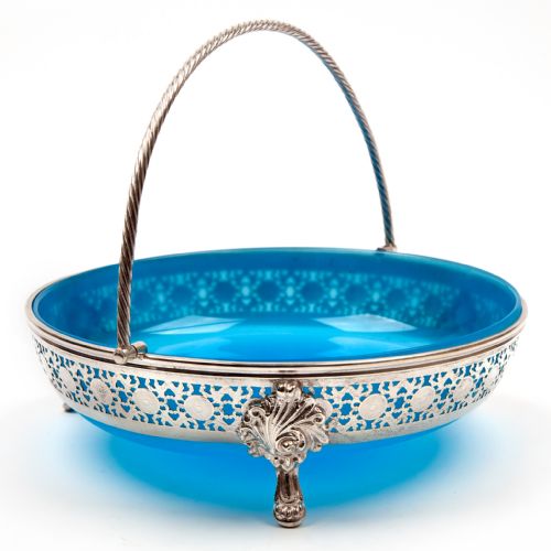 LARGE VICTORIAN CIRCULAR BLUE OPELINE GLASS LINED SILVER PLATED BASKET - ADDITIONAL PHOTO 1