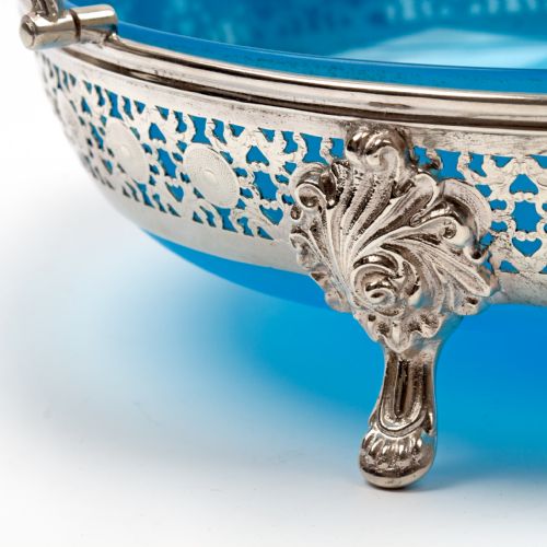 LARGE VICTORIAN CIRCULAR BLUE OPELINE GLASS LINED SILVER PLATED BASKET - ADDITIONAL PHOTO 2