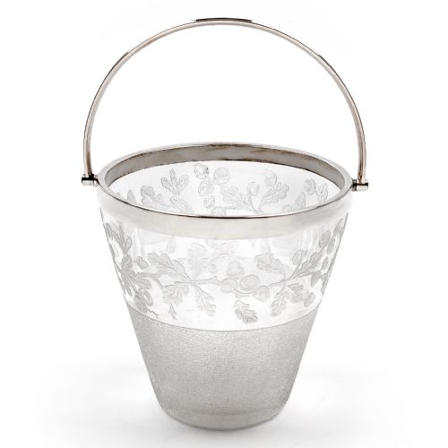decorative victorian silver plated and glass ice pail etched with oak leaves - CATEGORY: ANTIQUE SILVER - DATED 1890