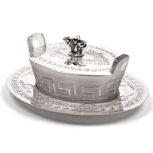 oval victorian silver plated butter dish with pull off lid and cat finial - CATEGORY: ANTIQUE SILVER - DATED 1880