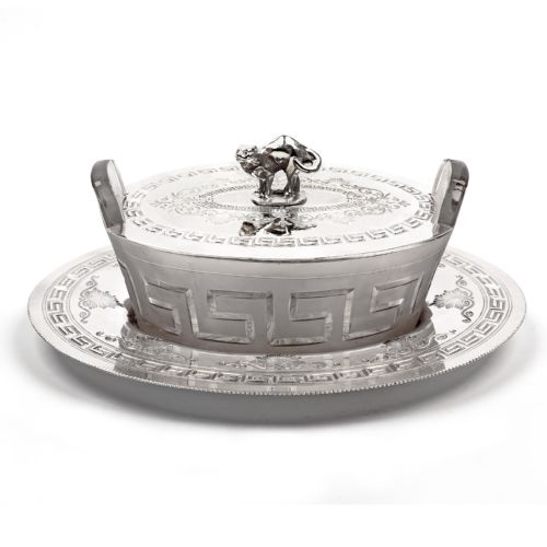 OVAL VICTORIAN SILVER PLATED BUTTER DISH WITH PULL OFF LID AND CAT FINIAL - ADDITIONAL PHOTO 1