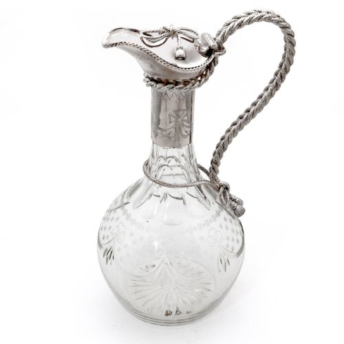 victorian silver plated and cut glass claret jug with a rope and tassel finial - CATEGORY: ANTIQUE SILVER - DATED 1890