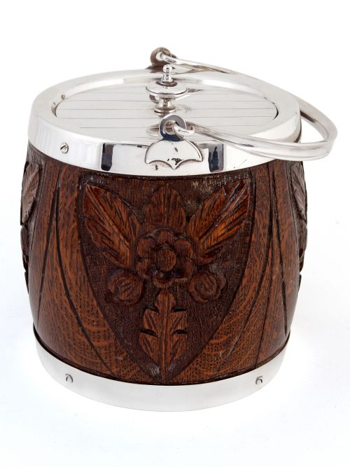 carved wood and silver plated barrel with a white china liner - CATEGORY: ANTIQUE SILVER - DATED 1900