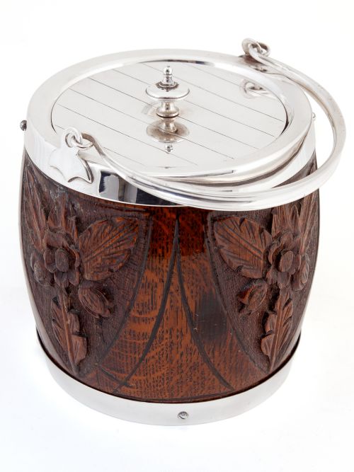 CARVED WOOD AND SILVER PLATED BARREL WITH A WHITE CHINA LINER - ADDITIONAL PHOTO 1