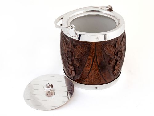 CARVED WOOD AND SILVER PLATED BARREL WITH A WHITE CHINA LINER - ADDITIONAL PHOTO 2