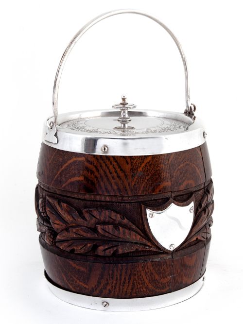 victorian oak and silver plated barrel with a carved band of oak leaves and acorns - CATEGORY: ANTIQUE SILVER - DATED 1900