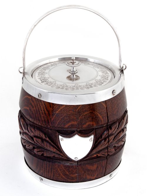 VICTORIAN OAK AND SILVER PLATED BARREL WITH A CARVED BAND OF OAK LEAVES AND ACORNS - ADDITIONAL PHOTO 1