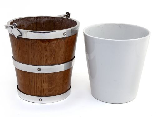 LATE VICTORIAN OAK AND SILVER PLATED ICE PAIL WITH PORCELAIN LINER - ADDITIONAL PHOTO 1