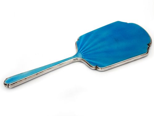 art deco style blue guilloche enamel and silver hand mirror - CATEGORY: ANTIQUE SILVER - DATED 1930