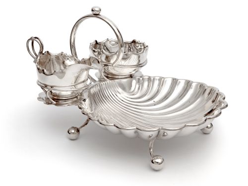 silver plated scallop shell shaped strawberry stand with sugar and creamer - CATEGORY: ANTIQUE SILVER - DATED 1890