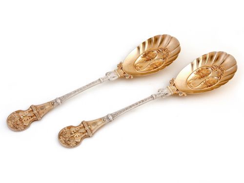ornate boxed pair of victorian silver plated partial gilt serving spoons - CATEGORY: ANTIQUE SILVER - DATED 1890