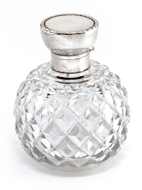 antique globe shaped cut glass and silver lidded perfume bottle - CATEGORY: ANTIQUE SILVER - DATED 1910